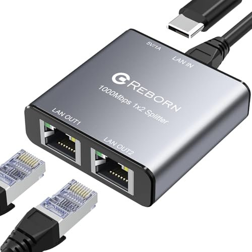Reborn Répartiteur Ethernet 1 vers 2 haute vitesse 1000 Mbps, RJ45 Gigabit Ethernet Splitter 1 vers 2, répartiteur LAN avec câble d'alimentation USB pour câble Cat 5/6/7/8 [2 appareils réseau