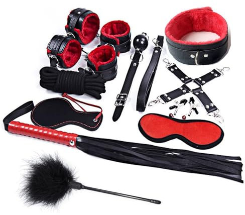 Bondage BDSM Handcuffs Adult Bedroom 11pcs Bondage Restraints Sets Handcuffs Ankle Cuffs Eye Mask Feather Stick Mouth Ball Nipple Clamps Restraints Kit Set Sex Toys for Women and Couples
