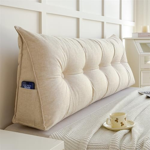 Lesekissen für Bett und Sofa 140/160 Bett Rückenkissen GrauBeige Bequemes Bett Kopfteil Kissen Groß Lang Keilkissen Waschbar Rückenlehne Kissen Dreieckskissen Rückenpolster für Wand(150X20X50cm,Khaki