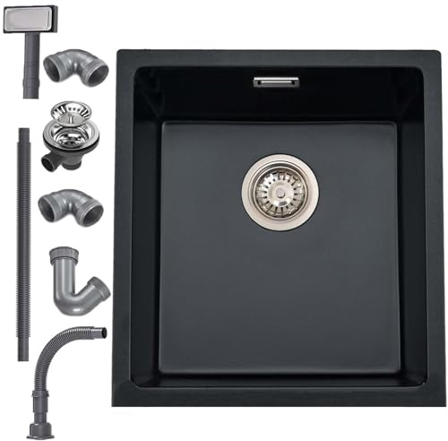 iAnomla Fregadero Cocina 40x45 cm, Fregadero Bajo Encimera Granito, Negro | Compatible Instalación Empotrada y bajo Encimera, Incluye Rebosadero y Desagüe, Apto para Cocinas, Barras