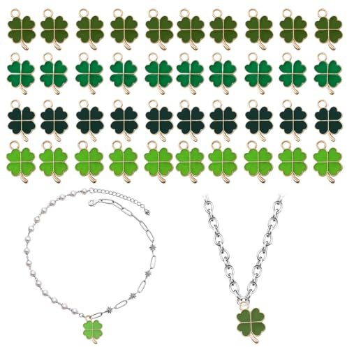 ZEPIQOR 40 Stück Glücksbringer Vierblättriges Kleeblatt, Vierblättrige Kleeblatt Anhänger Metall Halsketten Zubehör DIY Basteln Schmuck Ornamente Autoschlüsselanhänger Glück Schlüsselanhänger