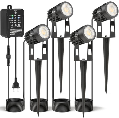 HIBOITEC 4er-Set 3W Dimmbar Gartenbeleuchtung mit Timer ＆ Fotosensor | Kaltweiß　Gartenlampen mit 24W Transformator, 11,4M IP65 Gartenstrahler Led Außen Wasserdicht für Haus Hof Garten