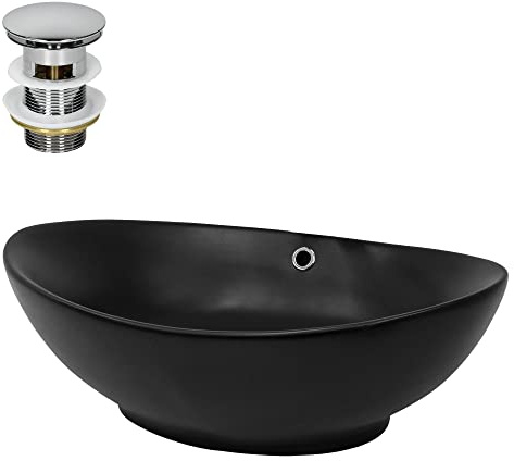 LuxeBath Waschbecken Keramik 590x380x190 mm oval Schwarz mit Ablaufgarnitur Silber, Aufsatzwaschbecken für Badezimmer/Gäste-WC, Aufsatzbecken modern, Waschtisch Waschschale Waschplatz Handwaschbecken