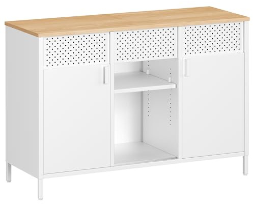 SONGMICS Aufbewahrungsschrank, Metallschrank, Schrank mit Doppeltür, Sideboard, Magnetverschluss, verstellbare Einlegeböden, Stahlgestell, mattweiß-eichenbeige LSC204WC01