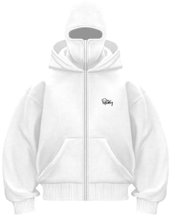 Hoodie med dragkedja och balaklava för herrar, huvtröja i olika färger, vindtät och varm sweatjacka, långärmad huvjacka, sweatshirt, övergångsjacka, Vit, M