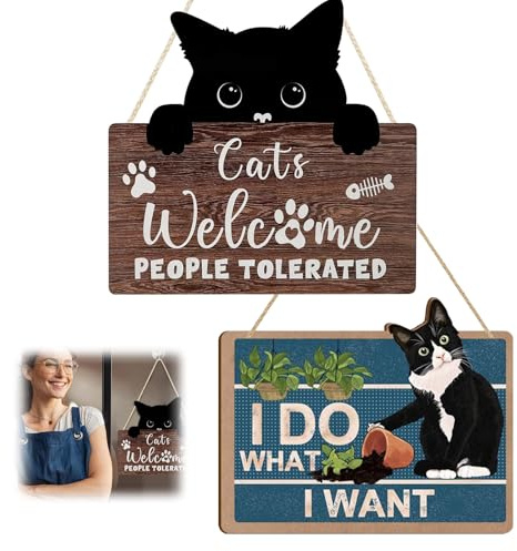 2 PCS Black Cat Sign, Funny Quote Cats Home Decor Wood Welcome Sign Door Hanging Wooden Plaque for Outdoor Kitty Wall Art Pediment Pet Shop