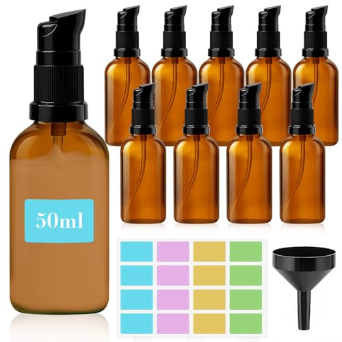 Maxumille 10 Pcs 50ml Botellas de Vidrio Marrón Vacías, Dispensadores de Bomba de Vidrio Ámbar con Embudo Pegatinas, Botellas de Bomba de Loción Vacías Rellenables para Aceite Esencial de Viaje Crema