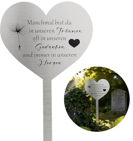 Grabschmuck Wetterfest Friedhof Grabstecker Edelstahl Herz, Grabdekoration Wetterfest mit SpruchManchmal bist du in unseren oft in unseren Gedanken und immer in unseren Träumen Herzen für Grabdeko