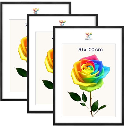 MG Design 3er Set Bilderrahmen 70 x 100 cm – Posterrahmen mit Schwarz Echtholzrahmen und bruchsicherem Acrylglas, Hoch & Quer mit verstärkter Wandaufhängung