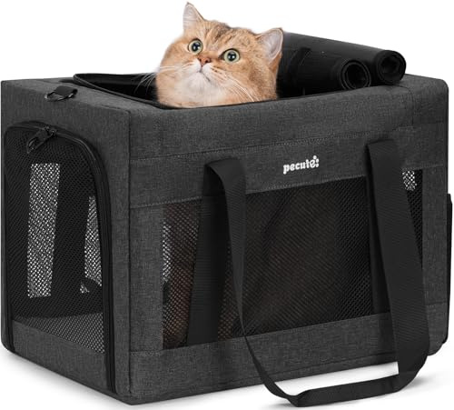 pecute Katzentasche Transporttasche Groß, Hundetransporttasche,Dunkelgrau | Stabiler Halt Haustier Tragetasche,Katzentragetasche Leicht, Belüftete Katzentransportbox für Reisen,Auto,Tierarzt, bis 5kg