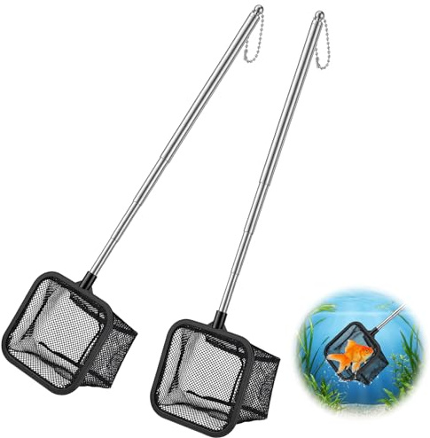 2 Pcs Kescher Aquarium 7.5 cm Quadratische Feine Netzmaschen Kescher Klein mit Ausziehbarem Edelstahlgriff Aquarium Netz für Aquarien Kleine Teiche Einziehbar 20cm-46cm Lang