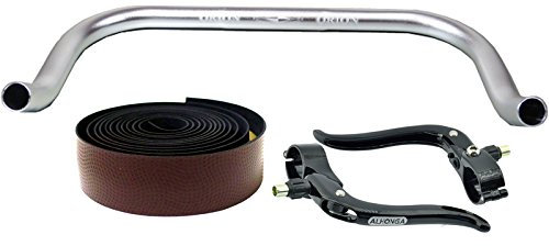 Permanent-Fahrrad Bullhorn Fixie Single Speed Vélo de course Triathlon Guidon 400 mm Argent avec levier de frein et bande de guidon marron foncé