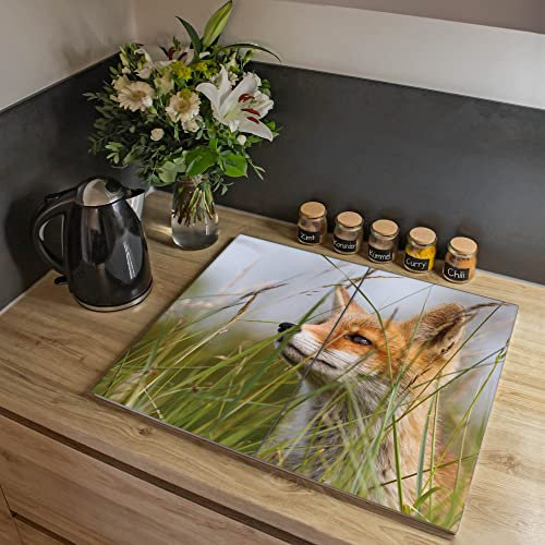 banjado Herdabdeckplatte Glas 2-teilig 60x52cm - Schneidebrett Herdabdeckung - Herdabdeckplatten Ceranfeld 2-teilig - Schneidebrett Glas - Motiv Fuchs