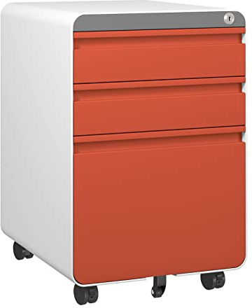 Dripex 3-Drawer Mobile Filing Cabinet, Lockable, Orange | Pre-Assembled, Steel Construction, Hanging File Rails A4/Letter/Legal File, Lockable Swivel Castors, Anti-Tilt Design