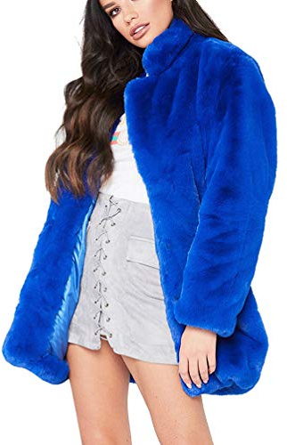 YuanDian Donna Cappotto in Pelliccia Sintetica Midi Lungo Sciolto Morbidi Manica Lunga Caldo Risvolto Pelliccia Ecologica Giacca Signora Finta Pelo Pellicciotto Giubbotto Blu 3XL