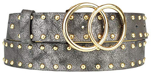 Zakatte • Damen Nietengürtel aus Kunstleder mit Doppelring-Schnalle BS021 (80 cm, Anthrazit-Gold)