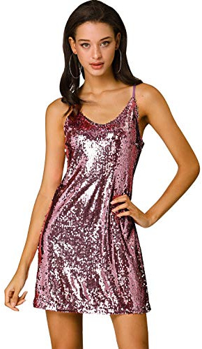 Allegra K Women's Glitter Sequin Dress V Neck Spaghetti Strap Halloween Mini Party Dress Clubwear Medium Light Pink