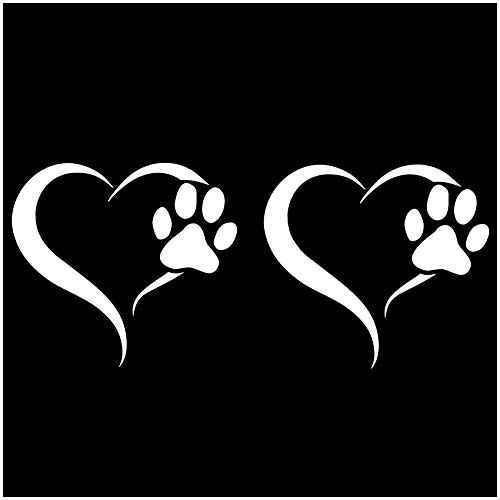 2er Set Aufkleber Pfote und Herz 10x11cm Hund Katze Sticker für Auto Motorrad Wand Laptop Möbel Pfotensticker Hundepfote selbstklebend (K017 Weiß)
