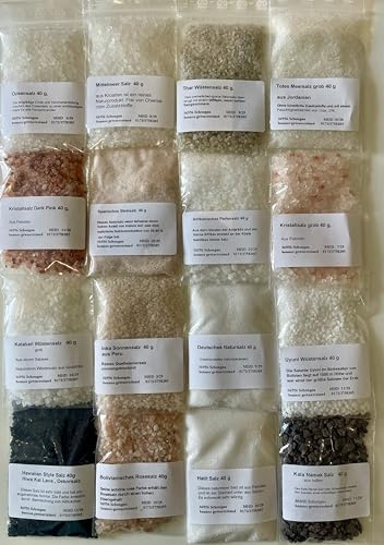 Salz Set 16 tlg, Hawaii Salt Art, Kala Namak, Kristallsalz, Totes Meersalz, Halt, Bolivianisches Rosesalz, frei von Zusätze
