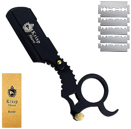 Professional Straight Razors For Men, Barber Razors Straight Edge Razor Kit For Close Shaving - Beard Cut Throat Finger Razor Safety Shavette With 10 Shaving Blades By Krisp Beauty (Black)
