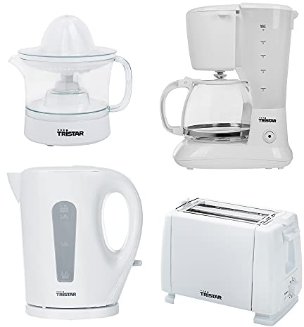 Set Petit-déjeuner Tristar Blanc (Cafetiere 10 tasses, Grille-pain, Bouilloire 1,7L, Presse-agrumes)