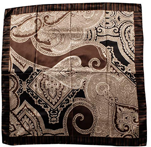 CG - TALENTO FIORENTINO, sciarpa foulard di seta disegno cashmere e paisley con cornice a righe, 100% seta di raso, 90x90cm, disponibile in vari colori, Made in Italy (Marrone)