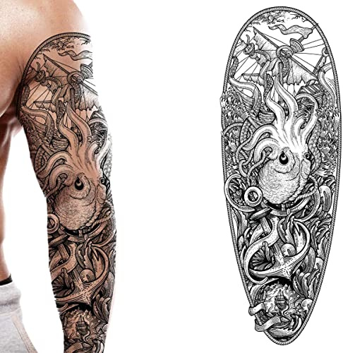 Tatodays tillfällig tatuering full arm karibisk pirat kraken sjöman stick på kroppskonst överföring för kvinnor och män cosplay halloween vuxen temp tatuering för armar fancy dress