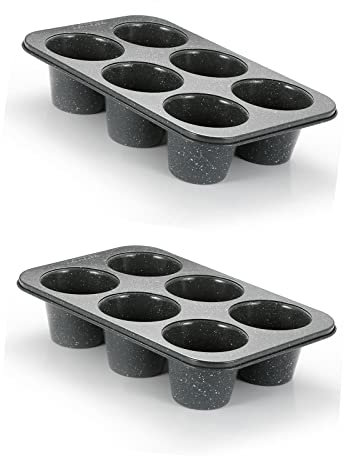 Monfish 2PCS Deep Jumbo Muffin Pan 6 Cup Carbon Steel Black Stone non Stick Coating Muffin Tin 3.5diax3 cup