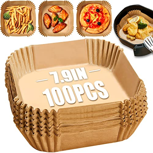 TEEUCNY Air Fryer Liners 100PCs, 7.9 Inch Air Fryer Disposable Paper Liners, Square Air Fryer Parchment Paper Liners Baking Paper, Greaseproof Sheets Liner Non Stick Water Proof Food Grade Parchment