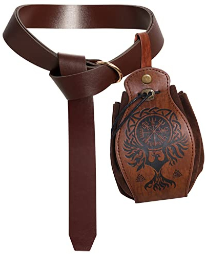 jerbro 2er Mittelalterlicher Kunstledergürtel + Leder Wikingertasche Kompassmuster-Geldbörse Wikinger-Drachenmuster Kostümzubehör für Halloween Cosplay Ritter Pirate Wikinger Kostüm (Phönix)