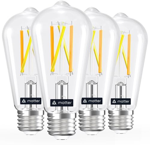 Linkind Matter Smart Light Bulb, ST19 (ST58) Smart Edison Bulbs, 2700K-6500K E26 LED Bulb 8W 60W, 800LM Edison Light Bulb, Work with Alexa, Google Home, Apple Home, SmartThings, 2.4GHz WiFi, 4-Pack