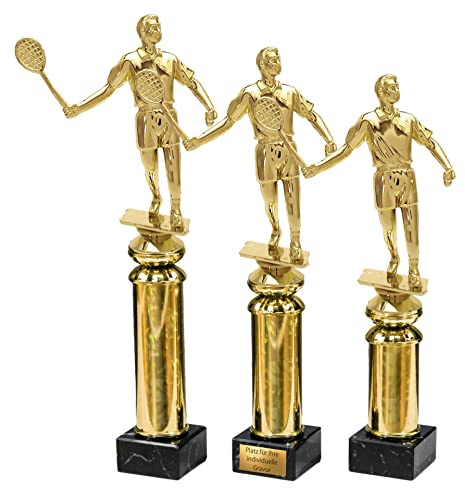 eberin – Badminton Spieler Trophäe – Pokal Award für Federball – 3 Größen: mit/ohne Gravur – Badmintonfigur auf Goldsäule/Marmor