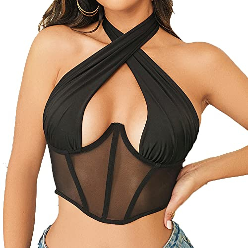 BKEPDY Camiseta Tirantes Mujer Cuello Halter Tank Top Camisola Verano sin Mangas Blusa Crop Top Elegante Ropa Deportiva Tops Modernos Camisetas Moda