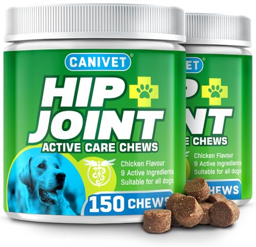 CANIVET Hip & Joint Care for Dogs | 300 Chews | Inc. Green Lipped Mussel, Glucosamine, Chondroitin, Hemp Oil, MSM, Hyaluronic Acid, Manganese & Vitamins. Chicken Flavour Joint Supplements for Dogs.