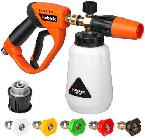 Kebtek Pressure Washer Gun 5200 PSI Compatible with Karcher K2-K7 with Snow Foam Bottle 1L & 5 Nozzle Tips,1/4 Quick Connect and M22 14MM Hose Connector (MRP-001-B)