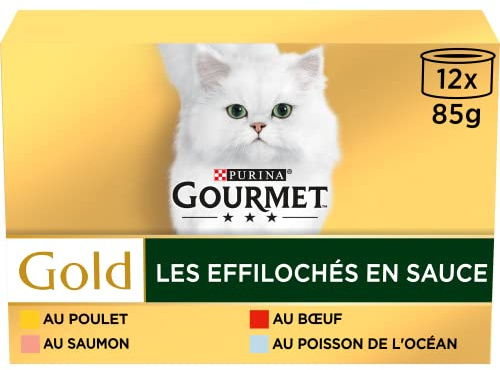 GOURMET Gold | Les Effilochés en Sauce Bœuf, Poisson de l'océan, Poulet, Saumon | Chat Adulte |Lot de 8 x (12 x 85 g) Boite