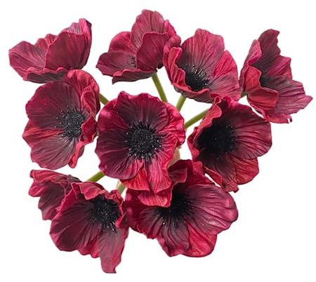 10 stjälkar 28 cm buketter konstgjorda blommor vallmoblommor, ingen blekning PU falska vilda blommor för köksbord bordsuppsats vas, bröllop håller blommor bakgrund båge vägg (vinröd)
