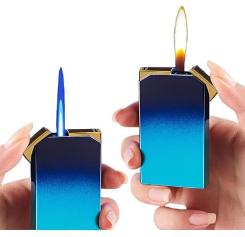 LliangFeuerzeug mit Zwei Flammen, umschaltbares Fackel- und weicher-Flamme-System, Gas Nachfüllbares Butan-Feuerzeug, Coole und Sturmfeuerzeug, Geschenk für Männer (Blau.) 1pc