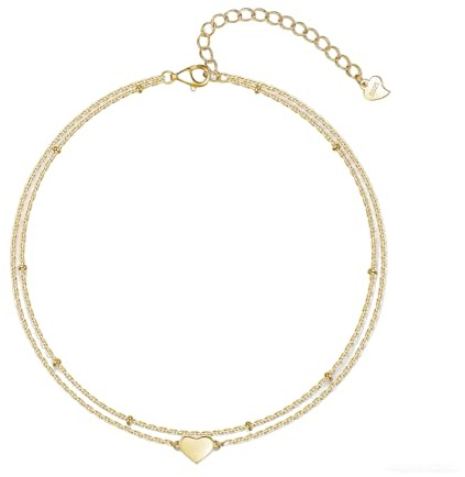 Kamise Fußkettchen für Damen Silber 925, 22+5cm Verstellbar Mehrschichtige Gold Fußspange, Sommer Barfuß Strand Fußkettchen Armband, Wasserfest Fußbändchen Knöchel-Kette, Herz Doppelkette Fußkette