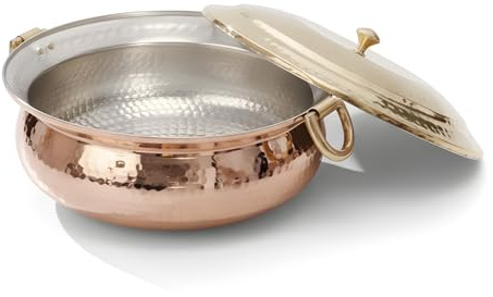 P•TAL Copper Hammered Lagaan 10L | Tin Coated with Brass Lid | 100% Pure Copper Degchi for Cooking Biryani Handi Ptal Brass Utensils for Kitchen