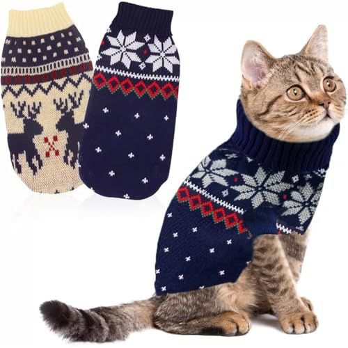 LATRAT 2er-Pack Weihnachts-Katzen-Hunde-Pullover, Schneeflocken, Rentier-Motiv, Strickwaren,Winterhaustierkleidung,Warme Haustierpullover für Kätzchen und kleine Hunde, Elch und Kitz, Tiefblau, M