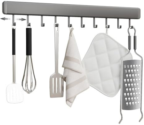 HMAKGG Hakenleiste Küche ohne Bohren, 50CM Küchenleiste Selbstklebend mit 10 Beweglichen Haken, Küchenstange Hängeleiste küchenreling aus Aluminium für Küchenutensilien, Grau