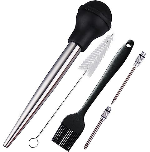 Nstezrne Turkey Baster Set of 5, 18/8 Stainless Steel Turkey Baster Syringe for Cooking, Meat Injector Baster Set&2 Needles&2 Cleaning Basting Brush, Baster for Flavor Meat Poultry, Beef&Chicken Black