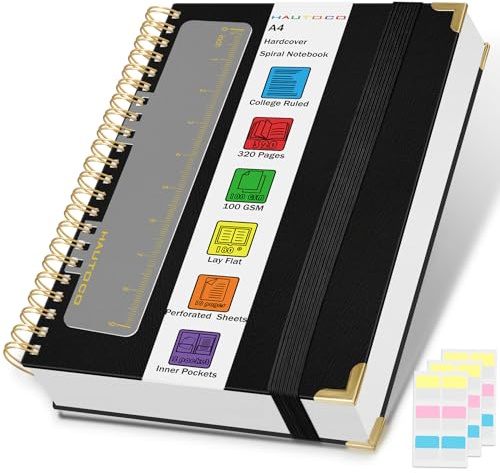 HAUTOCO Notizbuch A4 Liniert, Bullet Dot Journal, Spiral-Notizbücher 320 Seiten/160 Blatt, 100 gsm, Dickes Papier, Hardcover Notizbuch für Arbeit, Büro, Schule, Business, 29 x 21.5 cm - Schwarz