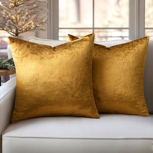 Slozzi 2er Set Samt Kissenbezüge 40x40 Dunkelgold Dekokissen Sofakissen