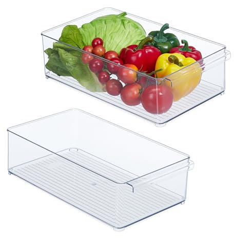 Relaxdays 2 Organizadores Nevera, Almacenaje Alimentos Frigorífico, 10x20,5x36,5 cm, Cajones para Cocina con Asa, Transparente