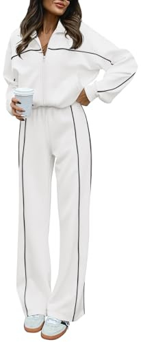 BTFBM Women's Two Piece Tracksuit Spring 2026 Long Sleeve Zip Up Sweatshirt Long Pants Outfits Jogger Sweatsuit Sets(Solid White,Medium)