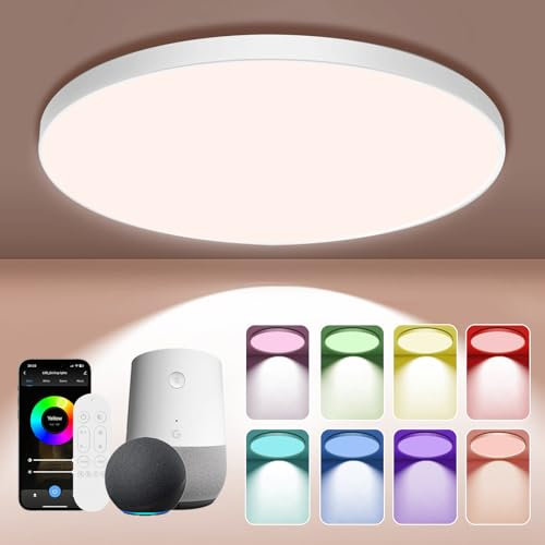 HOTUT Lámpara de techo RGB de 24 W regulable, luz de techo LED, WiFi para baño, control remoto y aplicación, 2700 K-6500 K, luces de techo inteligentes redondas funcionan con Alexa Google Bluetooth
