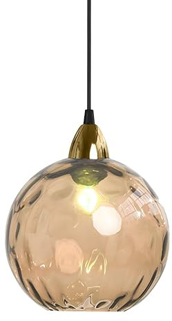 XIRYTU-H 20cm Lampada a Sospensione Sferica in Vetro Industriale D'epoca, Lampadario da Soffitto E27, Finitura Oro e Paralume in Vetro Ondulato, Plafoniera Per Sala da Pranzo (Ambra, 20CM)