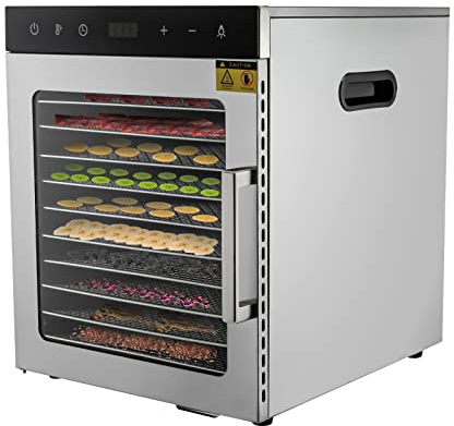 Donened - Mattork i rostfritt stål, 800 W mattorkare med 10 rostfria galler, timer upp till 24 timmars dehydrator, 30–90 grader Celsius, frukttorkare